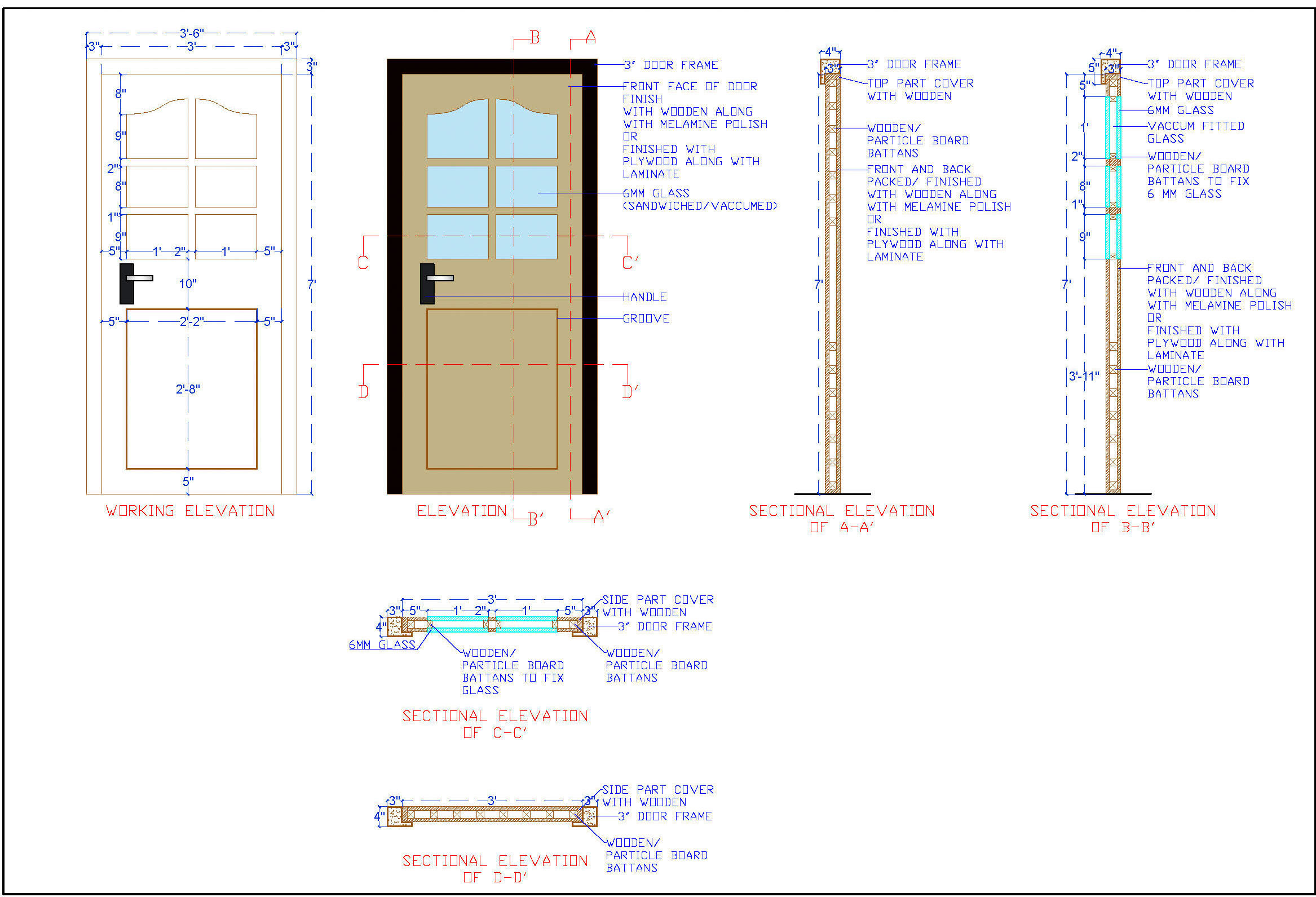 Wood and Glass Door Detailed Working DWG